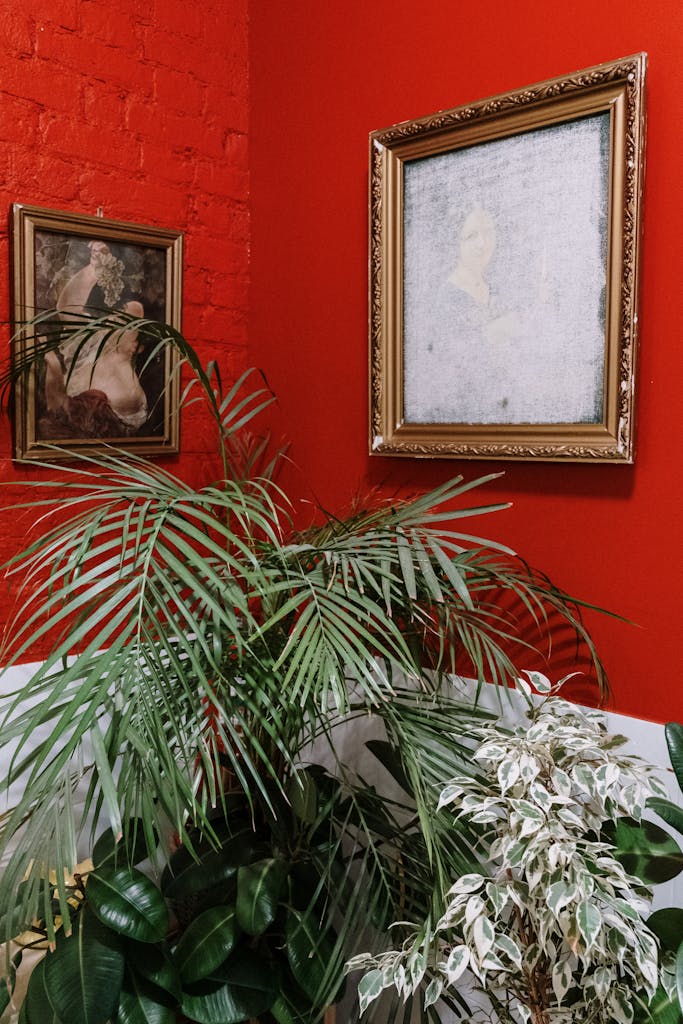A vibrant indoor scene featuring lush indoor plants against a striking red wall adorned with classic paintings.