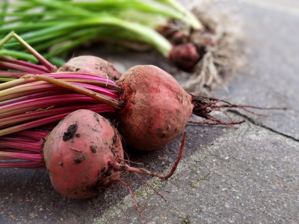 10 Superfoods That Could Be Damaging Your Health 4 Close-up of freshly harvested organic beets with vibrant green tops on a stone surface.
