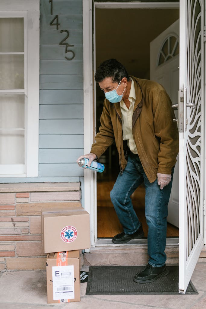 Man wearing face mask sanitizes packages on doorstep, ensuring safety measures.