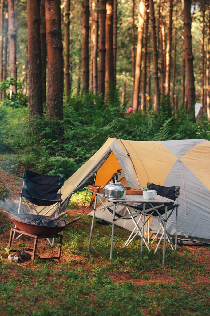 Peaceful campsite in the woods with a tent, chairs, and campfire setup.