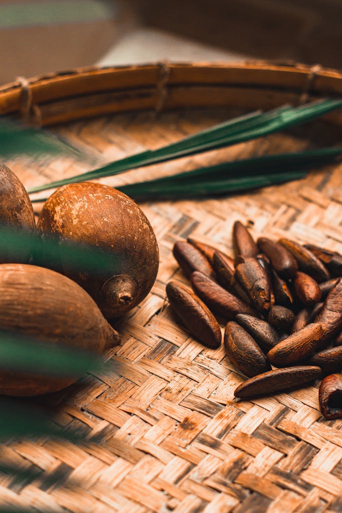 A detailed close-up of coconuts and seeds on a woven mat, showcasing natural textures and colors.