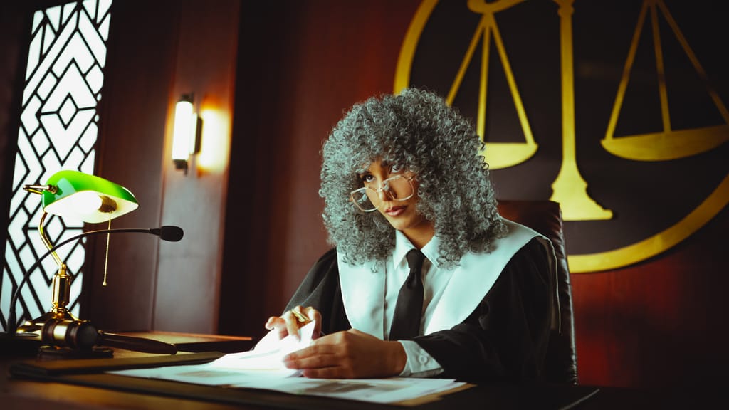 A judge in a courtroom examining documents under a classic green lamp.