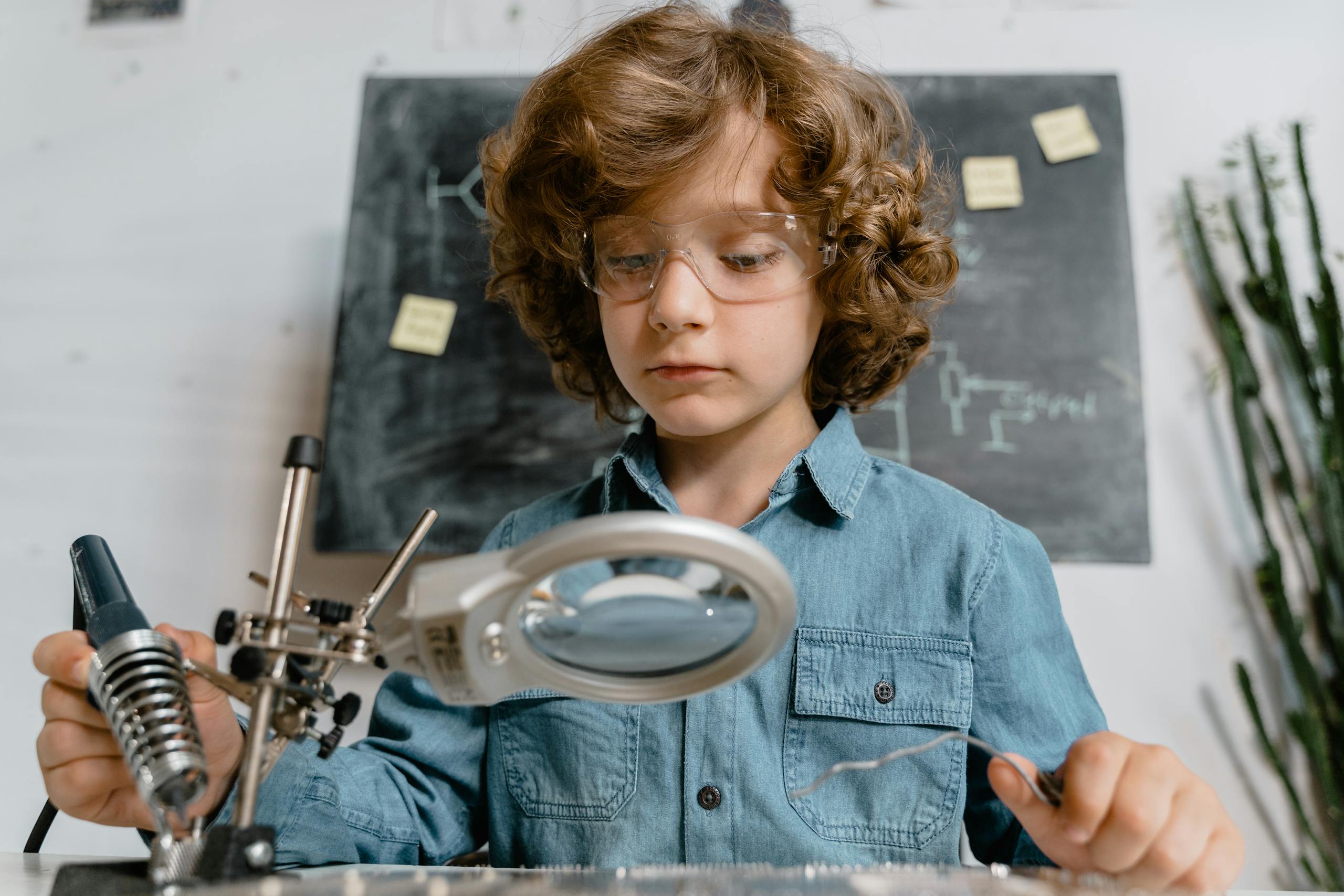 A young boy wearing safety goggles experiments with a soldering kit.