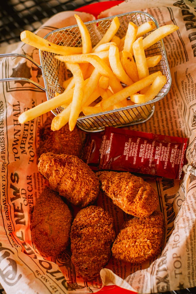 Basket of crispy fried chicken and French fries with ketchup packets, perfect for a hearty meal.