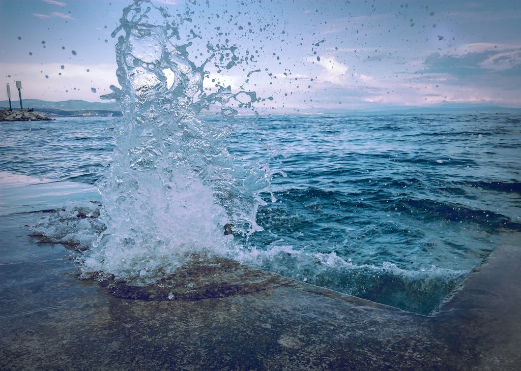 Captivating ocean splash against the Croatian coast in Jezerane, showcasing the natural beauty of water movement.
