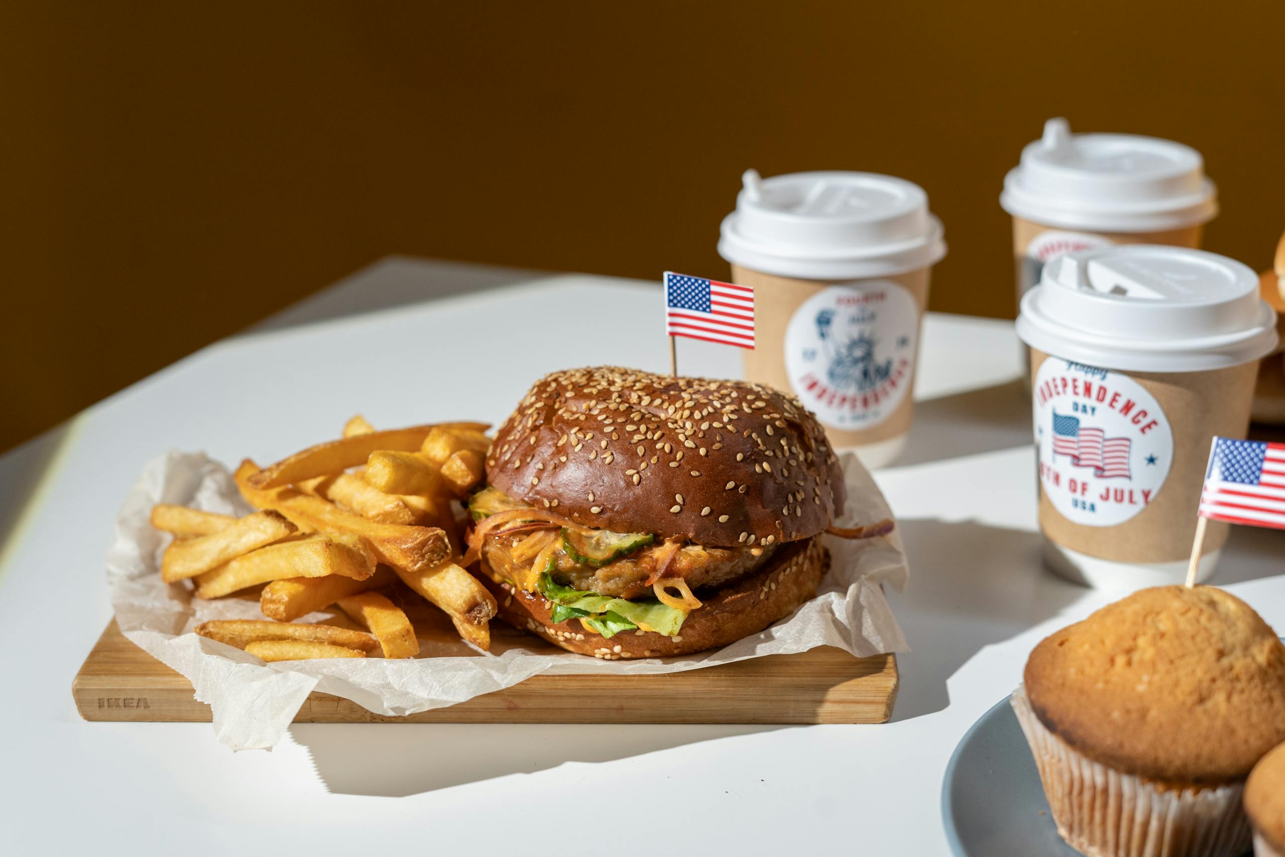 Celebrate Independence Day with a classic American burger, fries, and coffee.