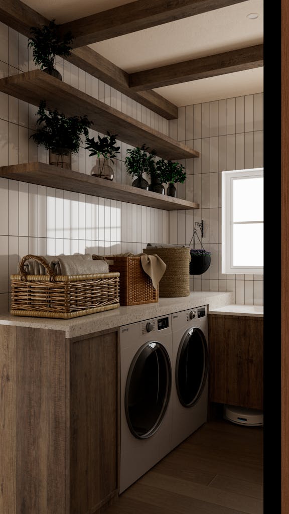Cozy laundry room with wood accents and wicker baskets, creating a warm, inviting space.