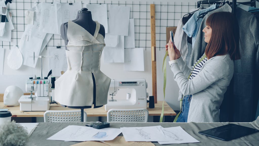 Fashion designer taking a smartphone photo of a dress mockup in studio.