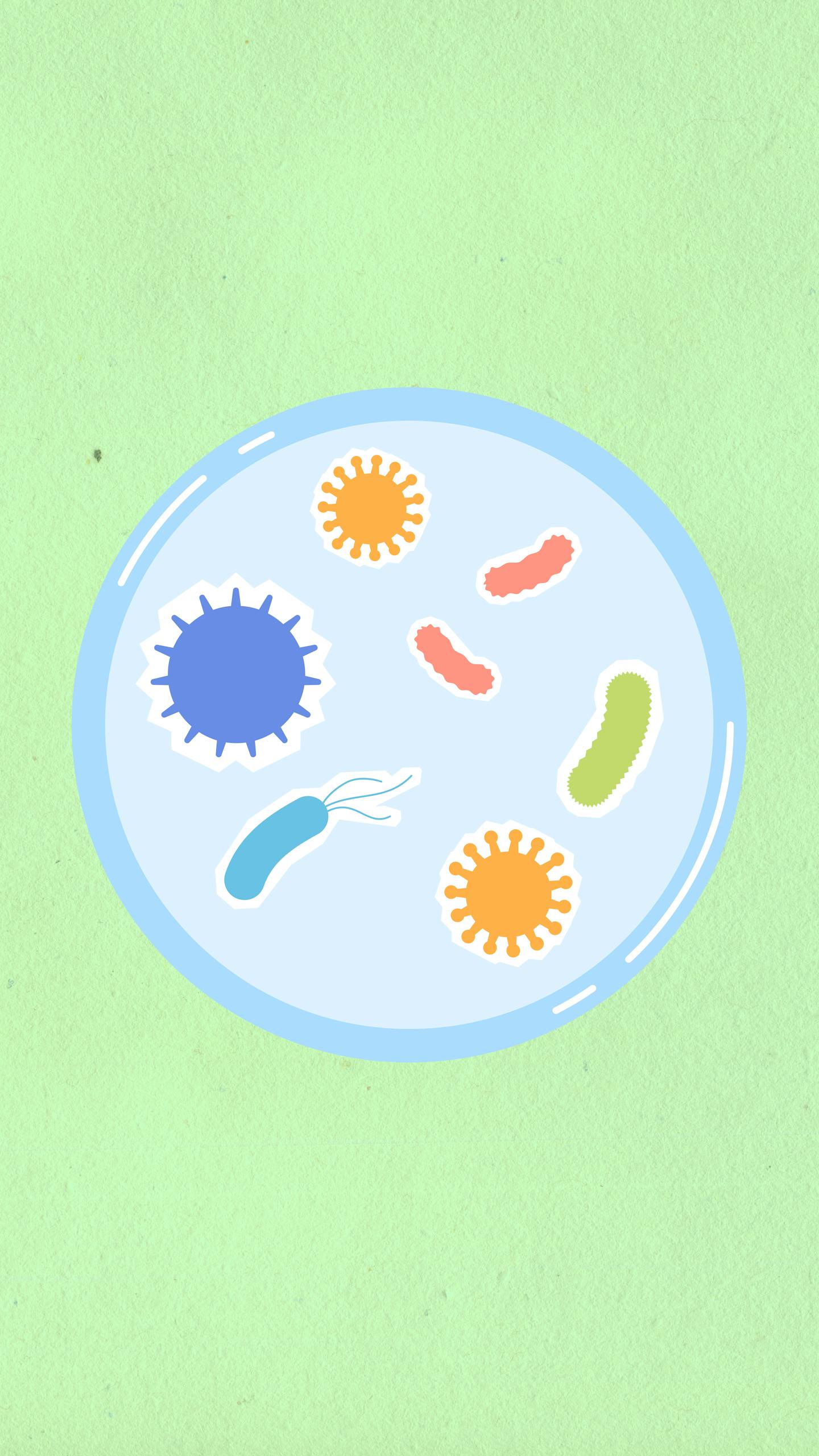 From above of decorative cardboard illustration of round shaped cell with bacilli and viruses on green background