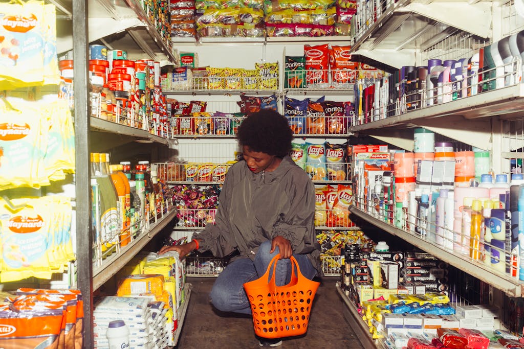Full length of adult ethnic female buyer selecting goods while squatting with shopping bag among grocery shelves