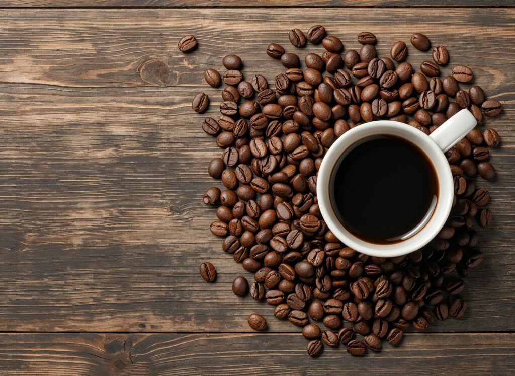 cup-of-coffee-with-beans-on-rustic-wood