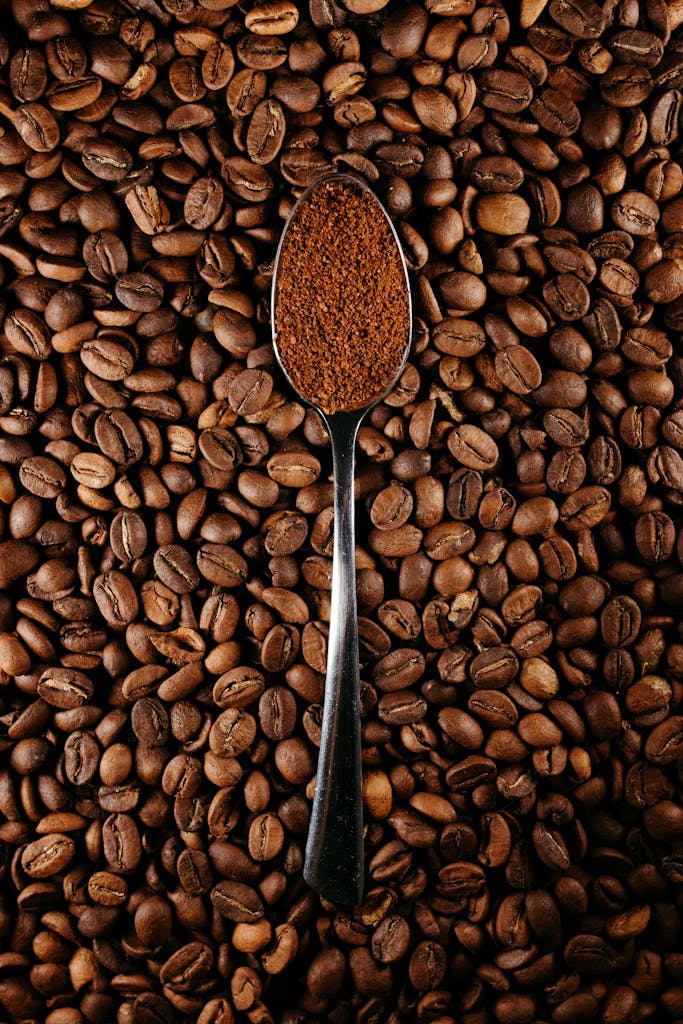 Top view of a spoon with ground coffee on a bed of whole coffee beans.