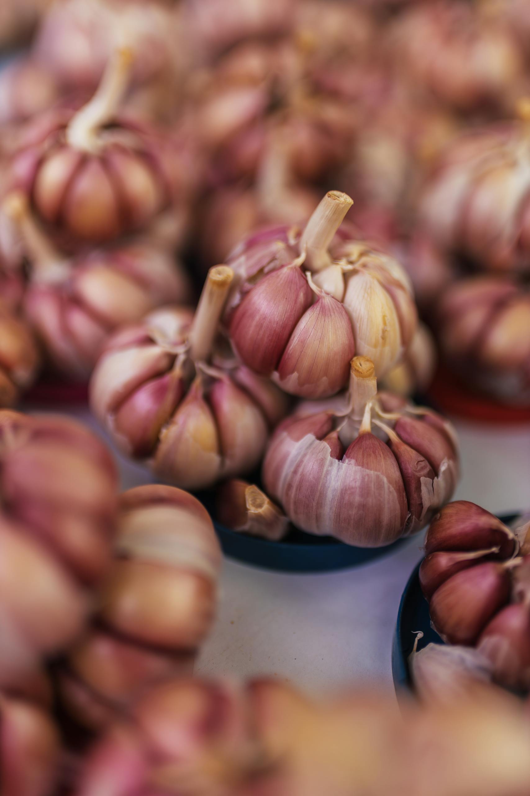 Vibrant display of fresh purple garlic bulbs at a market, highlighting natural texture and color.