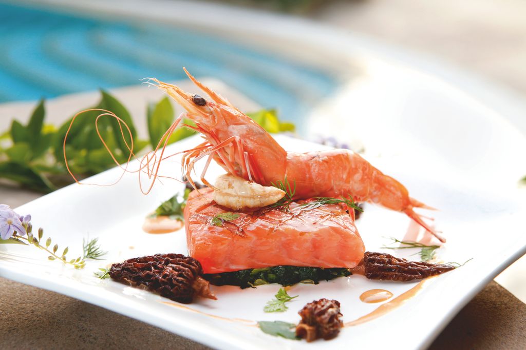 A delectable seafood dish featuring salmon, shrimp, and morel mushrooms elegantly plated.
