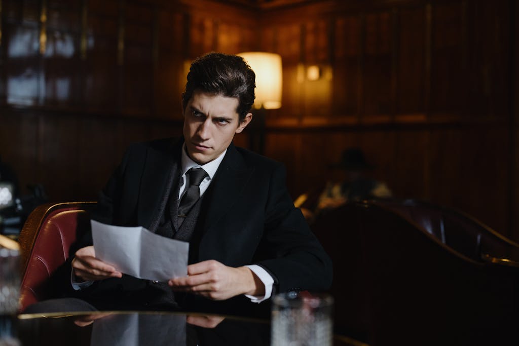 A man in a retro-style suit studies a document in a dimly lit, classic setting.