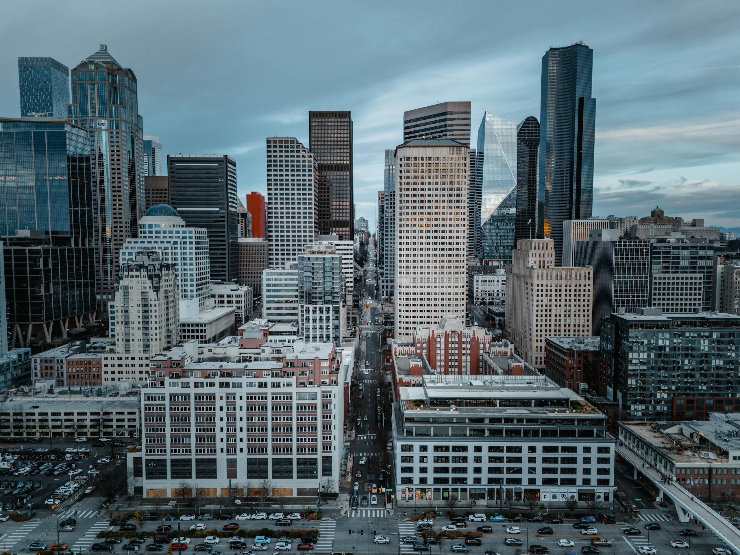 Aerial view of Seattle's downtown skyline with modern skyscrapers.