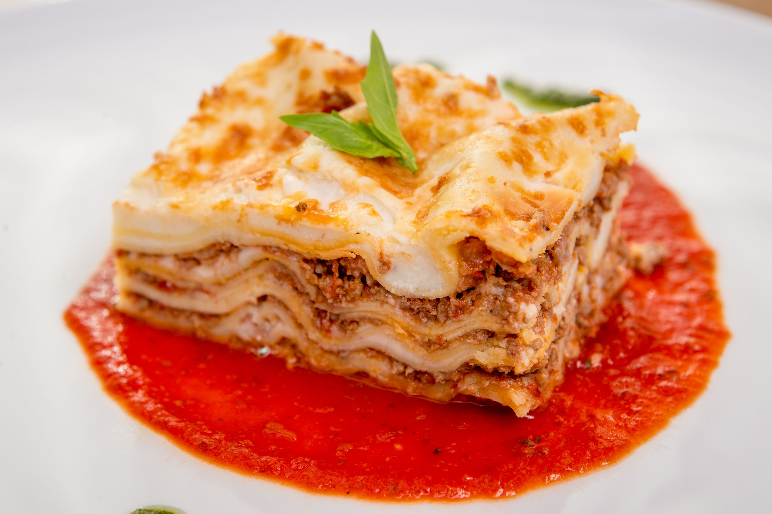 Close-up of a delicious homemade lasagna topped with fresh basil on a white plate.