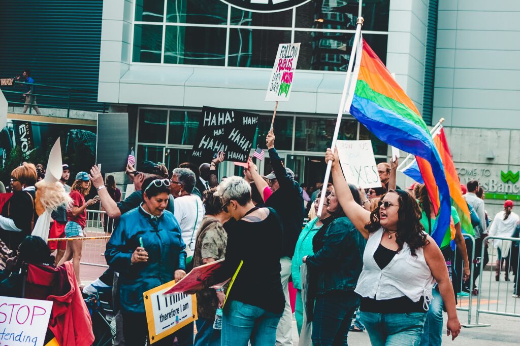 people-holding-flags-and-posters-while-standing-in-front-of-building