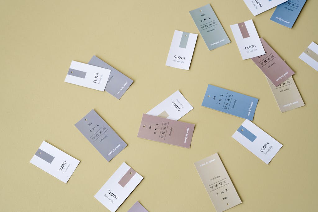 Scattered clothing tags in various colors on a yellow background, perfect for fashion design concepts.