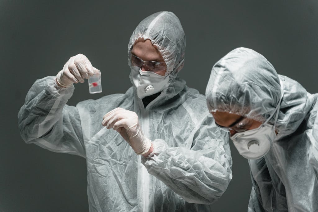 Two scientists in protective suits working in a lab, examining samples safely.